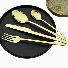 JANKNG 24-Piece Mirror Champagne Gold Flatware Set, 18/0 Stainless Steel Cutlery Set Service for 6, Tableware Utensils Include Knife Fork Spoon and Teaspoon, Dishwasher Safe