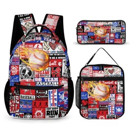 ZCJB-WSRY Baseball Backpack with Lunch Box & Pencil Case, 16 Inch Cool Baseball Themed Bookbag, Adjustable Lightweight Large Capacity, Colorful Sport Ball Backpack Set for Kids Girls Boys School