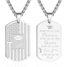 Gnamy Graduation Gifts for Him, Class of 2025 College High School Senior Graduate Necklace for Men Teens Boys Male American Flag Dog Tag Pendant Cross Chain Inspirational Jewelry Silver Behind You