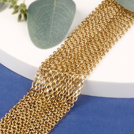 [33 FT] 18K Gold PVD Plated Rolo Cable Chains Bulk for Jewelry Making, 2mm 304 Stainless Steel Diamond-Cut Oval Cable Links Chains Roll Spool for DIY Craft Jewelry Making