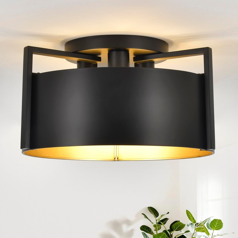Black Semi Flush Mount Ceiling Light, 15'' Modern Farmhouse Hallway