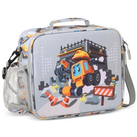 rockpapa Kids Lunch Bag for Kids with Strap, Waterproof, Stain & Oil-Resistant, Insulated LunchBag, Reusable Lunch Tote Bag Holds Lunch Box, Water Bottle & Snacks for School (Grey Constr Trucks)