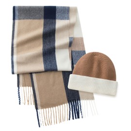 CALVIN & OLIVIA Mens Winter Warm Cuffed Beanie Hats Long Soft Scarf Plaid Tassel Scarf for Men Classic Scarves Gift Camel Navy Cream Plaid Set