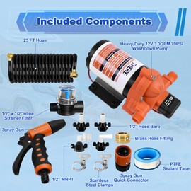 3.0 GPM 70 PSI Washdown Deck Wash Pump Kit, 12V Washdown Pump Kit with Strainer and Pressure Switch for RV,Boat,Sprayer,Travel Trailers,and Yacht,Orange-White
