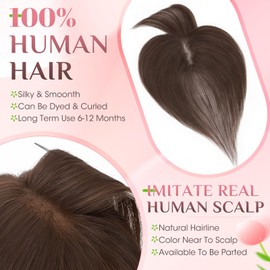 Elailite Real Human Hair Topper for Women, Dark Brown Clip-In Hair Toppers, Real Hair Topper, Women's Hair Topper with Fringe, Hairpieces, Silk Lace, 27.5 cm, 20 g, #2