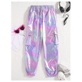 MakeMeChic Girl's Metallic Jogger Pants Shiny Elastic Waist Flap Pocket Streetwear Trousers Purple 9Y