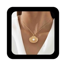 Enautoabs Boho Gold-Plated Pearl Shell Pendant Necklace Large Scallop Choker Jewellery for Women, Zinc