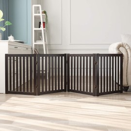 WELLAND 24" Freestanding Pet Gate, Foldable Wooden Dog Gate, 4 Panel Step Over Fence, Indoor Puppy Gate, Expands Up to 80" Wide, Espresso