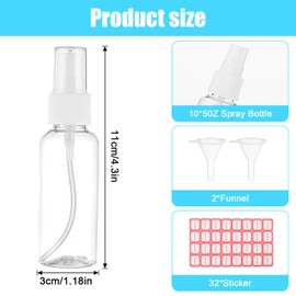 Qianyu Spray Bottles 2oz/50ml Clear Empty Fine Mist Plastic Mini Travel Bottle Set Small Refillable Liquid Containers 10 Pack with 2 Pcs Funnel 1 Pcs Labels for Essential Oils Travel Perfumes