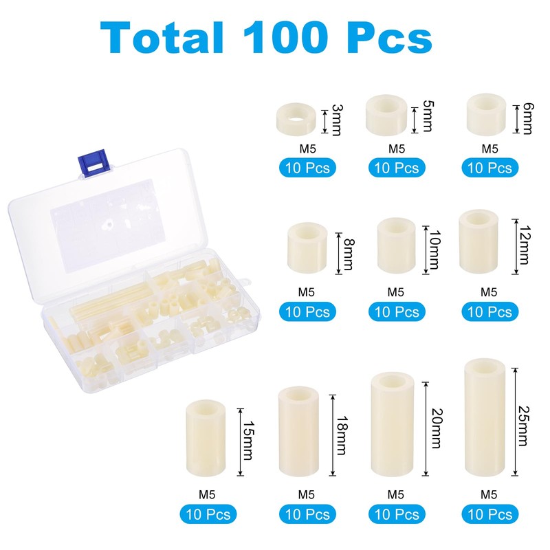 PATIKIL M5 Nylon Spacer Set, 100Pcs Non-Threaded ABS Round Spacer