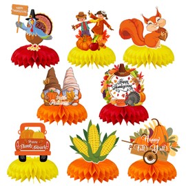 Fall Party Decorations, JULMELON 8pcs Thanksgiving Table Decorations Honeycomb Centerpieces 3D Double Side Fall Festival Decorations Turkey Pumpkin Table Toppers for Friendsgiving Party Favors