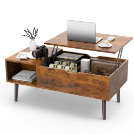 NEWBULIG Brown Wood Lift Top Coffee Table with Storage Shelf for Living Room and Dining