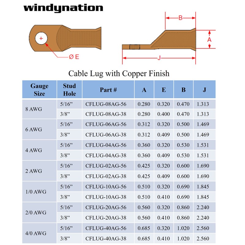 10 pcs WNI 4/0 Gauge x 5/16 Pure Copper Battery