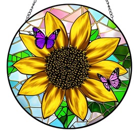Sunflower Butterfly Suncatcher - 8" UV Print Stained Glass Suncatcher for Window Hanging,Originally Designed Sunflower Butterfly Sun Catchers Gift for Women, Indoor & Outdoor Decoration, Wall Art