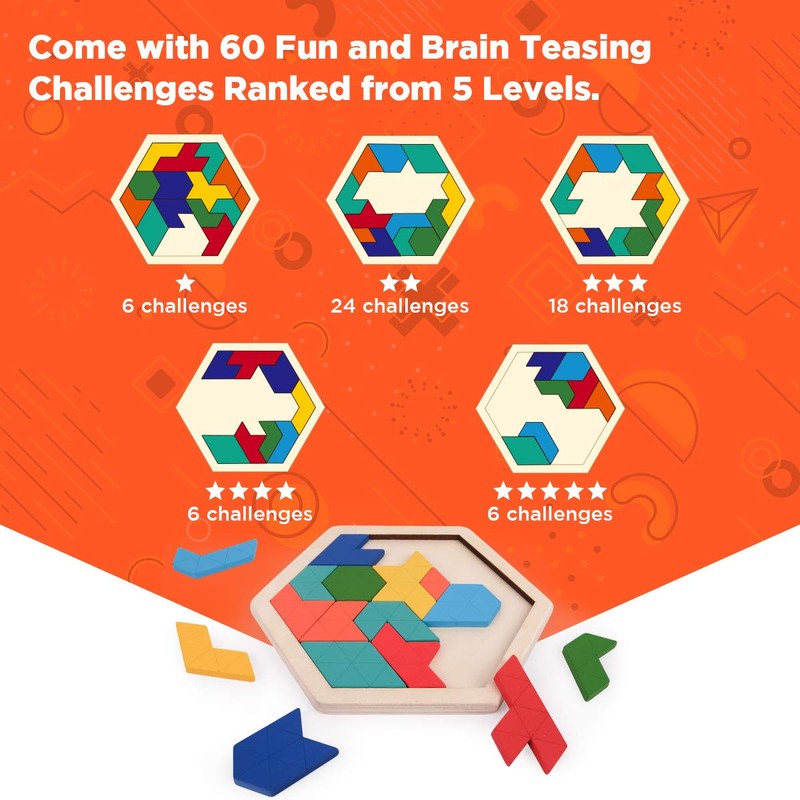 Wooden Hexagon Tangram Puzzle for Kids Adults, Geometric Shape Pattern