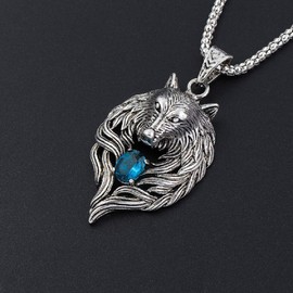 Norse Viking Wolf Necklace for Men, Cubic Zirconia Wolf Head Pendant Necklace with 23.6” Chain, Retro Wolf Totem Necklace, Wolf Signet Amulet Necklace, Punk Animal Wolf Jewelry for Men(Blue)