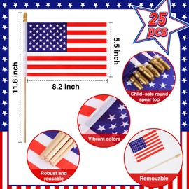 25 Pcs Mini American Flags on Stick 5x8 Inch Kid-Safe Spear Top