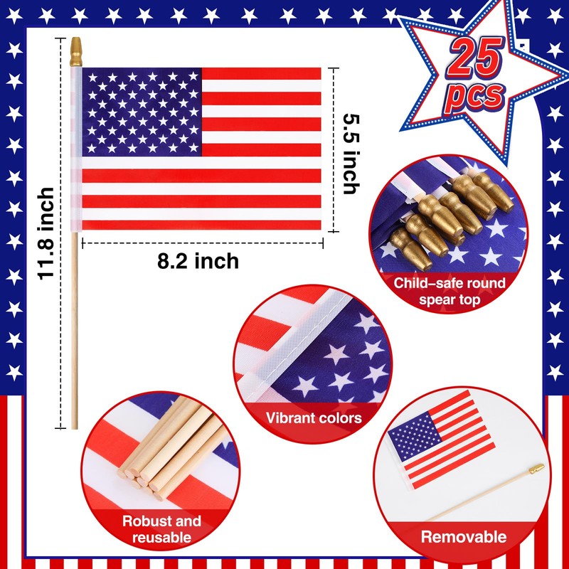 25 Pcs Mini American Flags on Stick 5x8 Inch Kid-Safe