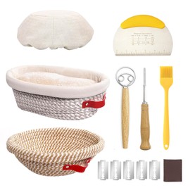 Sourdough Starter Kit, Sourdough Bread Baking Supplies, Banneton Basket with Dough Whisk Bread Lame Dough Scraper Bowl Scraper Silicone Brush & 4 linen liners