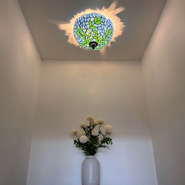 enjoy decor lamps Tiffany Ceiling Lights Fixture Blue Stained Glass Green Leaves LED Bulbs Included for Living Room Bedroom Kitchen 12”W*12”D*8”H