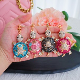 Cute Keychain Women Key Chains For Car Kawaii Rhinestone Crystal Bling Pink FOB Key Ring For Bag Backpack Charm Accessories (Tortoise Blue)