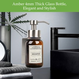 Nobtou Glass Soap Dispenser with Pump and Drill-Free Wall Mount Holder,8.5 Oz Shampoo and Conditioner Dispenser,Dish Soap Dispenser with Waterproof Labels,2 Pack|Silver