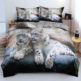 DXHOME Leopard Bed Linen 135 x 200 cm 3D Effect Animal Motif Bed Linen Set of 2 Soft Cosy White Microfibre Reversible Bed Linen for Teenagers Children Single Bed with Zip and Pillowcase 80 x 80 cm