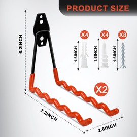 Enenes 2 Pack Steel Wall Mount Hooks, 7.3 Inch Garage Garden Tool Organizer, Large Wave Shape Hooks for Hanging Ladders and Hose, Bulk Items (Orange)