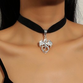 Inateannal Vintage Black Velvet Choker Necklace Silver Dragon Pendant Necklace Gothic Velvet Dragon Necklace Black Suede Collar Necklace Jewelry for Women and Girls