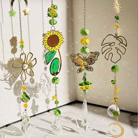 Suncatcher Color Crystal Set of 4 Yellow Green Pendant Crystal Feng Shui Window Hanging Pendant for Home Party Decoration Window Indoor Outdoor Decorative Wind Chime Petal Sunflower Leaf Butterfly