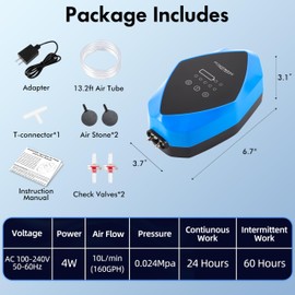 Quiet AC/DC Aquarium Air Pump for up to 600 Gals Tank, 4W/6W Portable Battery Powered Air Pump with Long 48 Hours Battery Life, 2-Outlet Oxygen Pump for Outdoor Fishing