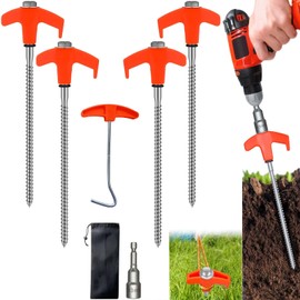 Kimmkco 4 Pack 8" Screw in Tent Stakes Heavy Duty Ground Anchors, Tent Pegs Metal Tent Spikes Camping Tent Stakes with Hex Head Driver & Nail Extractor for Outdoor, Camping, Canopy, Gardening, Beach