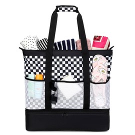 Octsky Beach Bags with Cooler Women Beach Tote Bag Waterproof Sandproof Zipper Large Pool Bag 9 Pockets,White/Black