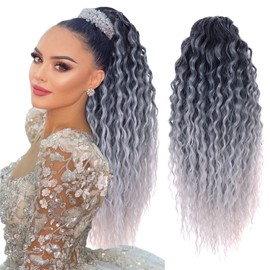 YIBANG Ombre Gray Ponytail Hair Extensions hairpiece - for black women Drawstring Long Curly Pony Tail Hair Extainson Fake Ponytail Clip in Ponytail