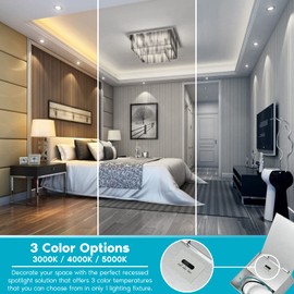 LUXRITE 4 Inch LED Recessed Lighting with Junction Box, 15W, 1200 Lumens, 3 Color Options 3000K - 5000K, Regressed LED Downlight, 36° Narrow Spotlight, Dimmable, CRI 90, IC Rated, Damp Rated