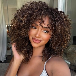 quesdom Short Curly Wigs Ombre Brown Curly Soft Hair Wig Synthetic Fiber Kinky African American Wig with Bangs for Black Women(T4/30,Ombre Brown)