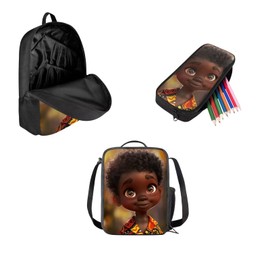 Wismoutput African Boy Backpack Set Laptop Bookbag Travel School Bag with Insulated Lunch Box Pencil Case for School African American Bookbag for Elementary Middle Student