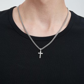 Lumayina Simple Cross Necklace for Men Women with 18-26 Inch Chunky Cuban Chain, Durable Stainless Steel Black Gold Silver Cross Pendant Necklace for Men Teen Boys Girls with Jewelry Gifts Box (Silver - Small Cross Necklace, 20)