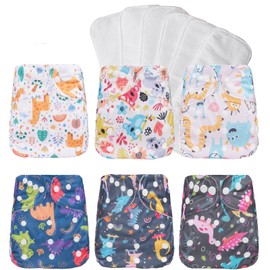 Washable Reusable Cloth Diapers for Babies, Adjustable Baby Cloth Diapers Newborn,6 Pack Pocket Diapers with 6Pcs Microfiber Inserts (Dinosaur Giraffe)