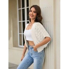 Jiflora Women's Summer Lightweight Crochet Cardigan Shrug Open Front Batwing Sleeve Knit Summer Boho Cover Up Ivory L