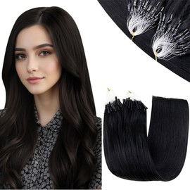 RUNATURE Black Micro Bead Hair Extensions Real Human Hair #1 Black Microlink Hair Extensions Human Hair Cold Fusion Micro Link Hair Extensions Remy Micro Beads Hair Extensions Soft 20 Inch 50g 50s