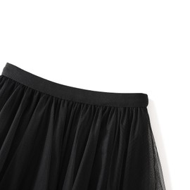 Women Layered Tulle Long Skirt UK Ladies Fashion High Waist Solid Color Frill Trim Ruffle Midi Skirt (Black, One Size)
