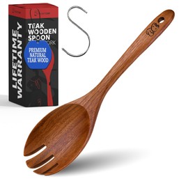 PriorityChef Premium Wooden Salad Servers - Handcrafted Teak Wood Spork - Durable Kitchen Utensil for Serving and Tossing Pasta & Sides - Nonstick Safe Wooden Salad Spoon and Fork Set Combined