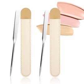 Runmeihe 2PCS Makeup Spatula for Foundation, Stainless Steel Reusable Foundation Spatula with Leather Cover, Professional Make Up Spatula for Korean Makeup, Cosmetics, Mixing