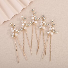 Teyglen 5pcs Golden Rhinestone Wedding Hair Pins Set Bridal Crystal Pearl Hair Pins Clips Elegant Hair Jewelry Accessories for Women Wedding Rhinestone Headpiece(Gold)