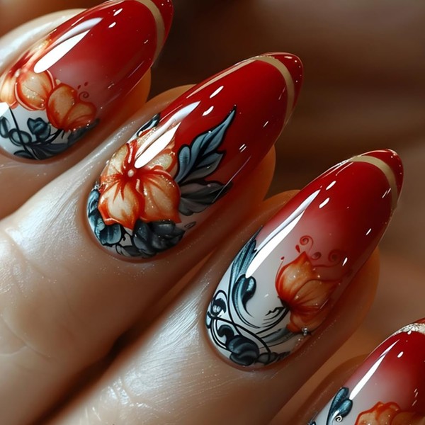 Fall Red Press on Nails Almond Medium Fake Nails with