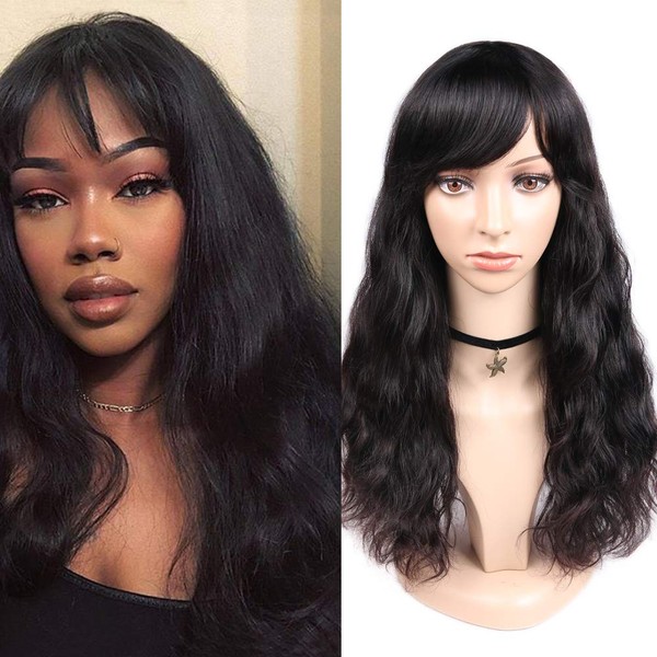 WIGNEE 100% Virgin Human Hair Wig Natural Wave Wigs with Bangs Brazilian Human Hair Wave Wigs Natural Black Color (18 Inch)