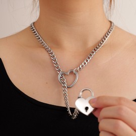 sroyte Silver Heart Slip Chain Necklace for Women Stainless Steel Heart O-Ring Adjustable Lariat Y-Necklace Punk Long Cuban Chain Lock Necklace with Key (25", Silver heart lock)