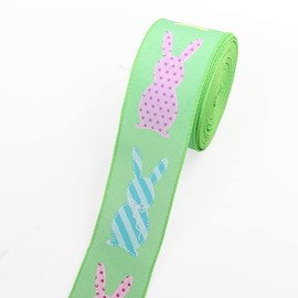 Easter Fabric Ribbons 10 Yards, Easter Day Green Spots Rabbits Pattern Burlap Edge Wired Ribbon for Easter Gift Wrapping Home Party Decoration Tree Crafts Supplies - 2.5 Inch x 10 Yards x 1 Roll