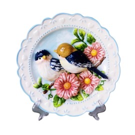Minigift Ceramic Collections Plate, 3D Hand Painted Love Bird and Hibiscus Flower Decorative Tray with Display Stand -8"